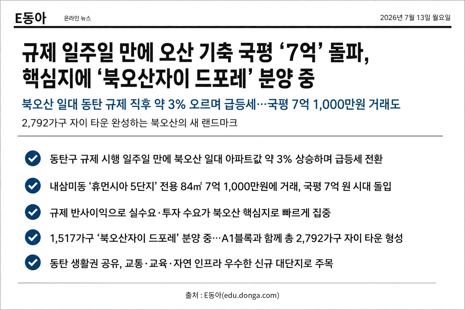 북오산자이 드포레 교육환경 관련 동아일보 교육법인 뉴스 보도 요약